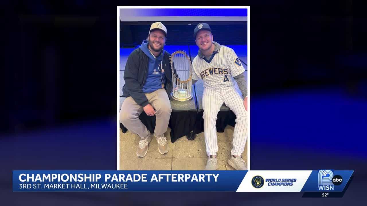 Brewers players celebrate at the after-party in Brookfield.